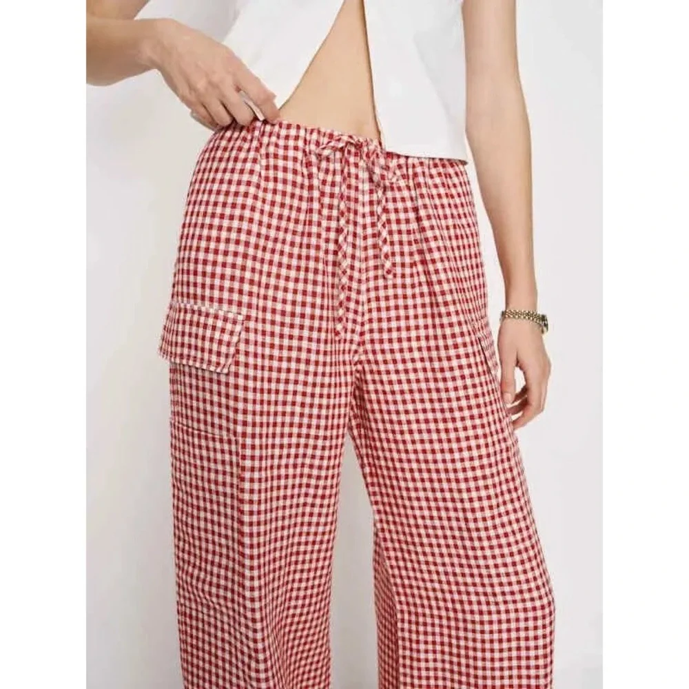 Reformation Ethan Linen Pant Tomato Check Red Gingham Cargo Pants Size S NEW